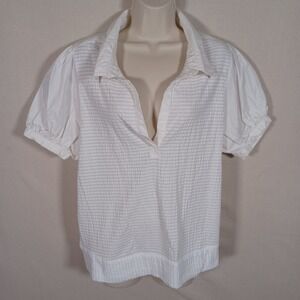 Maeve Anthropologie White Seersucker Puff Sleeve Collared Deep V Neck Top Medium
